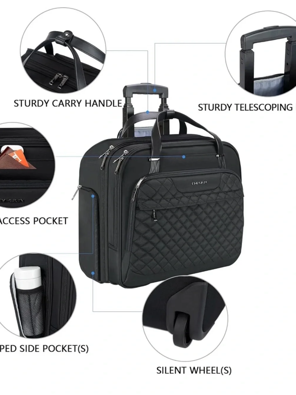 Black Quilted Carry-On Laptop Bag with Trolley Sleeve
